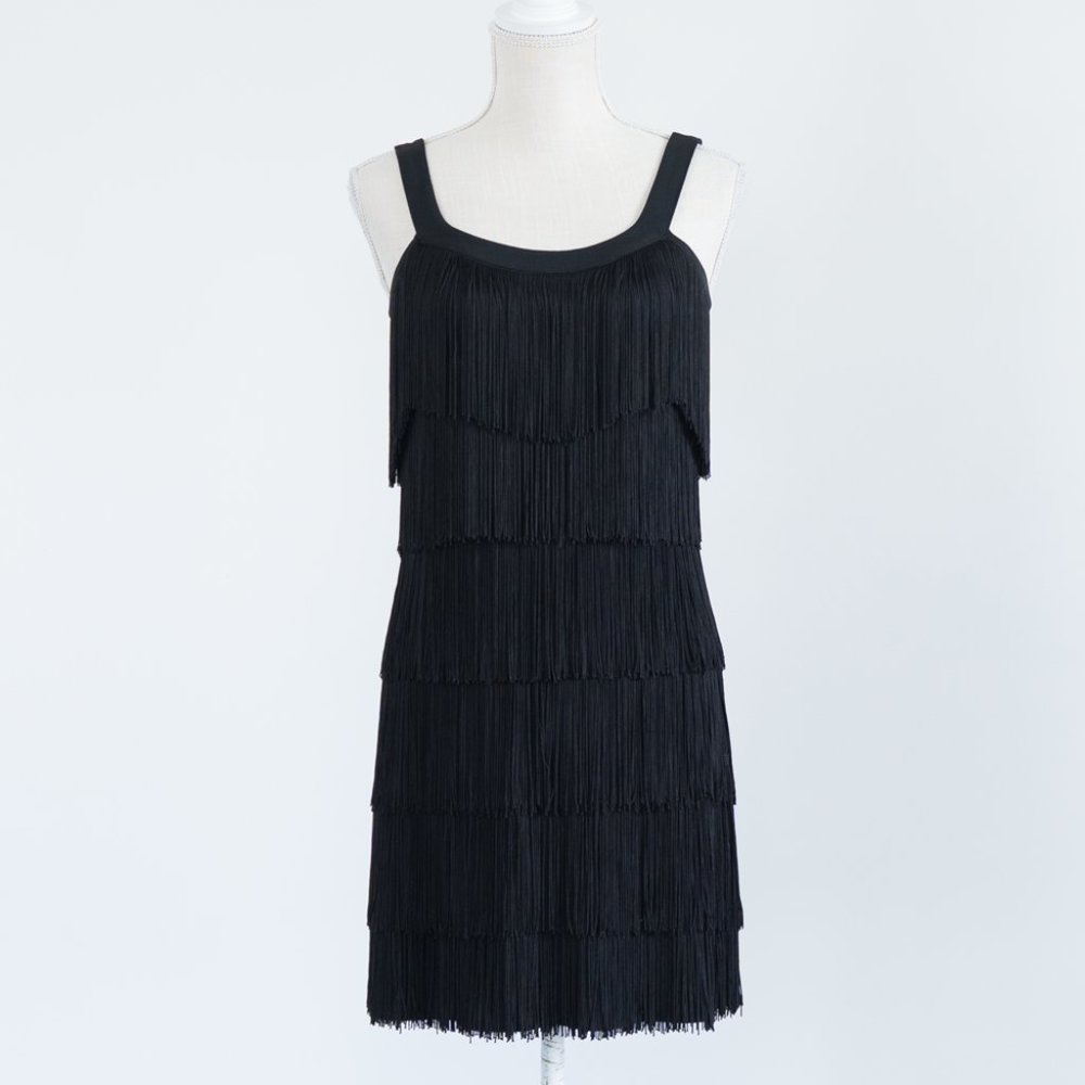 White House Black Market Womens Black Fringe Sleeveless Mini Dress